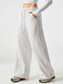 SHEIN Raffinéa Women's Solid Color Split Casual Wide Leg Pants - Grey - View 7