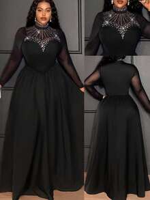 Slaydiva Váy dài tay cổ cao đính đá Rhinestone thanh lịch dành cho nữ, màu đen, thích hợp cho các dịp tiệc tùng, hẹn hò, ngày lễ - màu đen - Xem 3