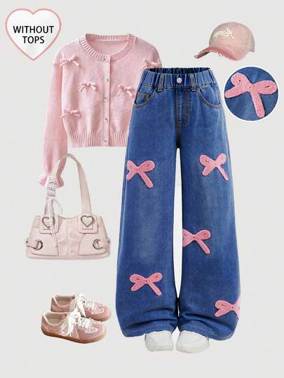 Girlism Jeans anchos y holgados con cintura alta y cordón, bordados con moño, con bolsillos, estilo casual y cómodo para niñas preadolescentes de 8 a 12 años, adecuados para la escuela, el hogar y los viajes