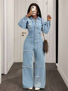Slaydiva Women's Casual Frayed Button Half-Zip Long Sleeve Denim Jumpsuit, Autumn - Blue - View 1