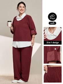Momelise Women's Plus Size 2-Piece Set,Patchwork Shirt Collar,Loose Chinese Style Vacation Outfit,Navy And White,Autumn,Smart Casual,Everyday Fashion Clothing - Red - View 1