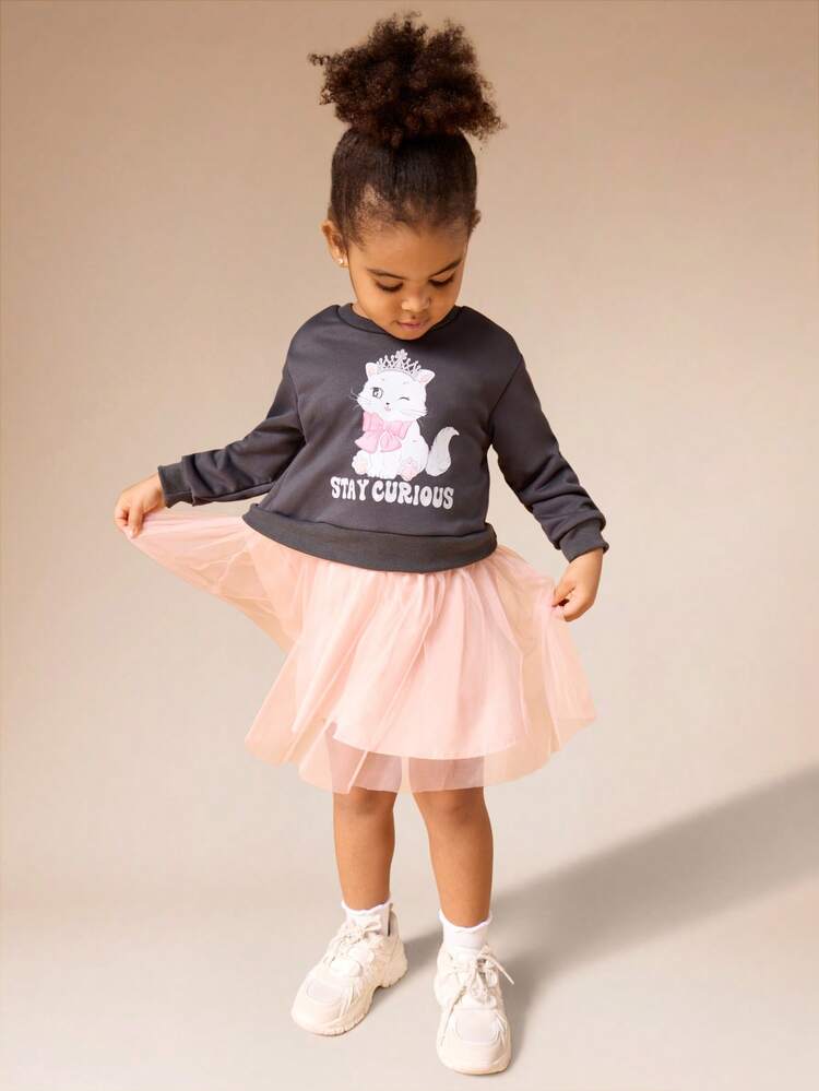 Long Sleeve Tulle Skirt Dress With Cat Print