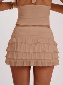 SHEIN BAE 女士时尚性感纯色荷叶边迷你裙，夏季 - 卡其色 - 查看 2