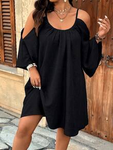 SHEIN Clasi Plus Size Round Neck Ruched Pleated Split Flare 3/4 Sleeve Casual A-Line Midi Dress - Black - View 6