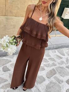 Serisse Damen Sommer Lässig Modischer Resort Stil einfarbiger Volant Träger Weite Bein Jumpsuit - Kaffeebraun - Übersicht 3