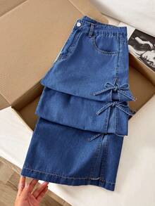 Comfortcana Women's Casual Fashion Street Chic Daily Commute Bow Tie Slit Loose Wide Leg Jeans, Summer - Dark Wash - View 3