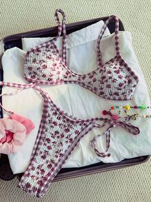 Swim Mod 女士时尚可爱沙滩套装，随机撞色印花比基尼套装，配有可调节吊带抹胸上衣和系带泳裤，适合海滩、游艇派对、度假村等场合。 - 彩色 - 查看 3