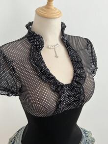 Elamini Áo thun ngắn tay nữ thanh lịch, thoải mái, đa năng, họa tiết chấm bi, phối bèo nhún, viền gấu, thích hợp cho kỳ nghỉ hè. - Nhiều màu - Xem 1