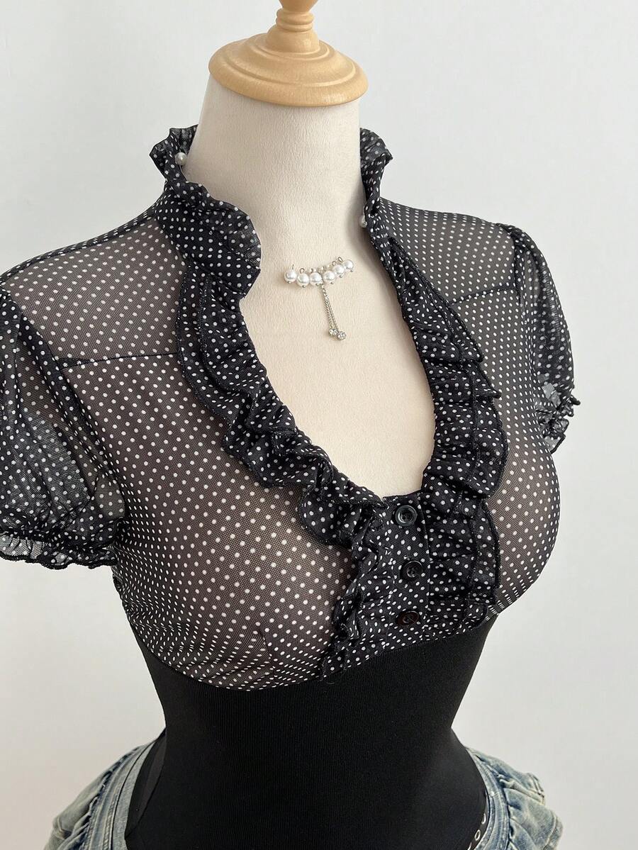 Elamini Áo thun ngắn tay nữ thanh lịch, thoải mái, đa năng, họa tiết chấm bi, phối bèo nhún, viền gấu, thích hợp cho kỳ nghỉ hè. - Nhiều màu - Xem 1