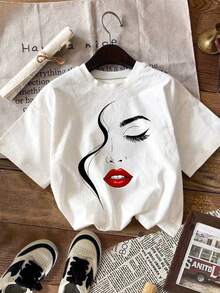 SHEIN LUNE Plus Size Crew Neck Short Sleeve T-Shirt, Fashion Suitable For Summer - White - View 1
