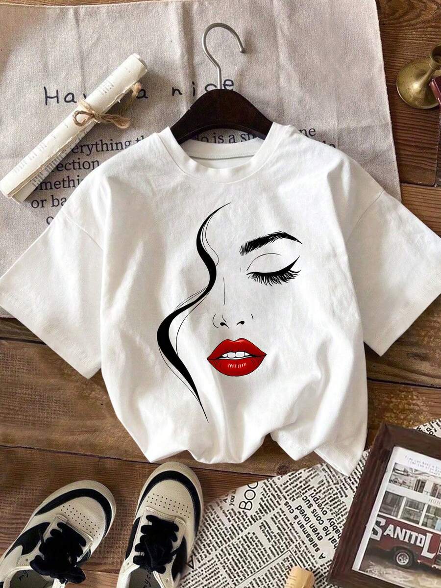 SHEIN LUNE Plus Size Crew Neck Short Sleeve T-Shirt, Fashion Suitable For Summer - White - View 1
