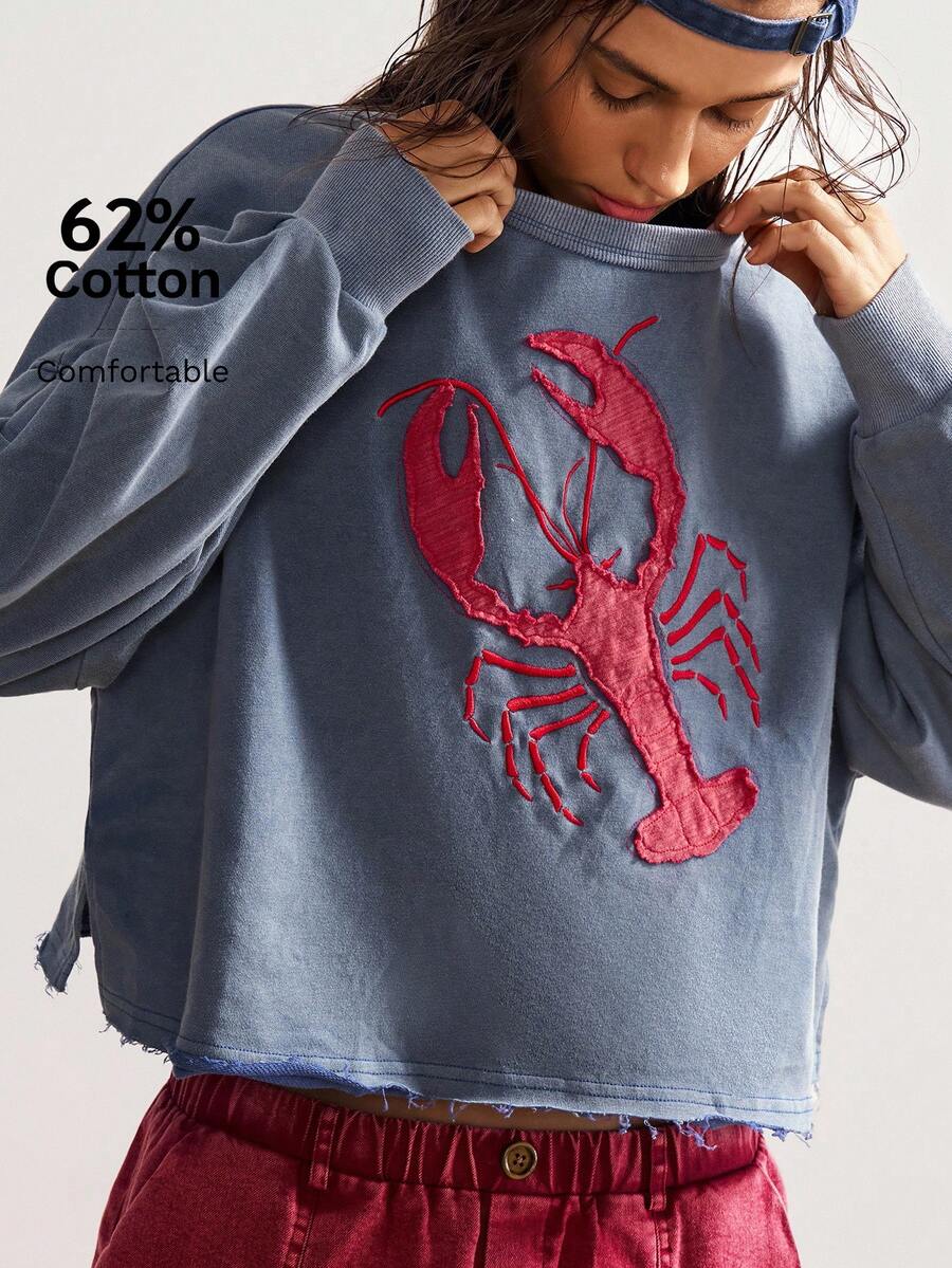 Bohemela Áo sweatshirt nữ dài tay cổ tròn, màu trơn, dáng rộng, chất liệu vải dệt kim, thích hợp mặc mùa thu/đông. - Màu xanh lam - Xem 1