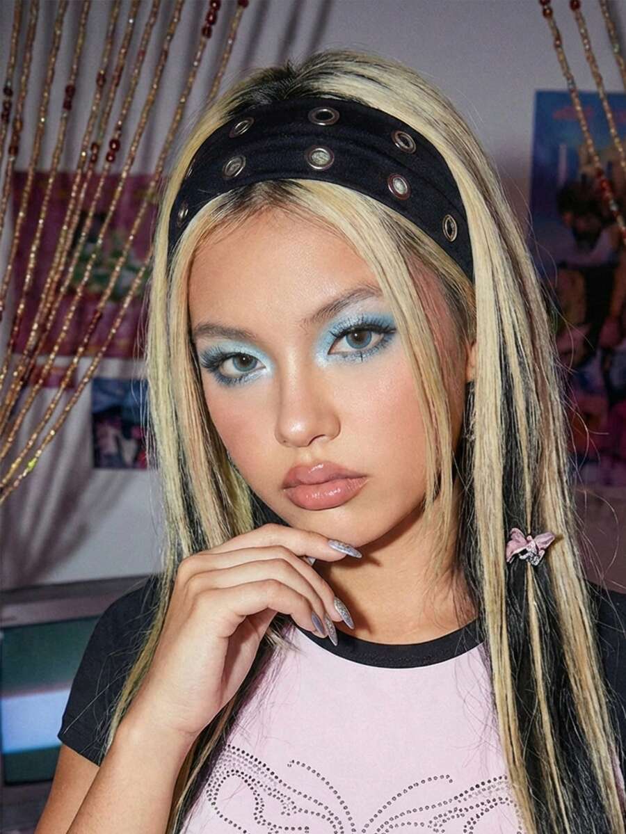 Y2Kool 1条时尚朋克风发带，哥特风柔软防滑弹力镂空沙滩/度假发带，弹力瑜伽运动发带，多功能日常秋冬发带发饰，女士度假装扮优雅围巾女士头巾柔软头巾 - 黑色 - 查看 1