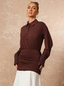 Lumalex Vestido de mujer de manga larga con cuello y bloque de color elegante - Marrón - Ver 7