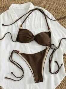 Swim SXY Bộ bikini thời trang thanh lịch, màu nâu, đính hạt, kiểu dây buộc cổ sau, dành cho nữ, thích hợp cho lễ hội âm nhạc bãi biển mùa xuân/hè. - màu nâu - Xem 6