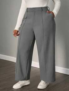 SHEIN PETITE CURVE Calça feminina plus size casual para o dia a dia no escritório, minimalista e versátil, de cor sólida, com costura frontal e pernas largas. - Cinza - Ver 3