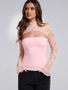 SHEIN BAE Áo kiểu nữ gợi cảm phối ren, khoét lỗ - Màu Hồng  San hô - Xem 3
