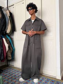 Manfinity EMRG 男士休闲纽扣半拉链抽绳腰连体裤，夏季