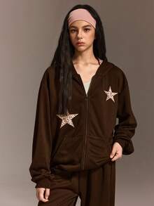 SHEIN 1件少女豹纹刺绣口袋拉链卫衣外套，简约街头风，适合秋冬季、春季通勤及户外活动穿着 - 棕色 - 查看 3