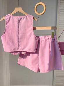 SHEIN EZwear Ladies' Simple Summer Casual Vest And Shorts Suit With Front Buttoned Blazer In Fall/Winter - Pink - View 2