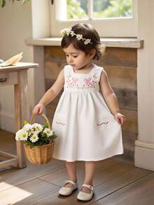 Vintaside Kids Baby Girl Summer Bow Embroidery Sleeveless Square Neck White Dress