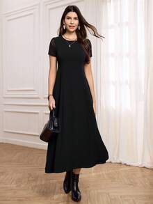 Miaspire Women's Contrast Lace Round Neck Short Sleeve Elegant Long Dress Casual Outfit For Women Spring Summer - Black - View 4