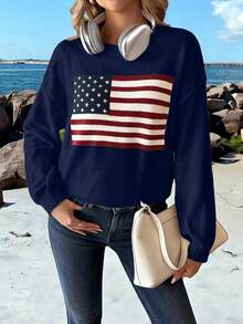 SoleilVie Flag Pattern Drop Shoulder Long Sleeve Sweater,Long Sleeve Tops, Knit Pullover Fall Winter - Royal Blue - View 5