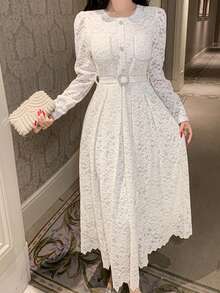 DAZY 女士花卉蕾丝拼接优雅法式长裙，适合派对穿着 - 白色 - 查看 5