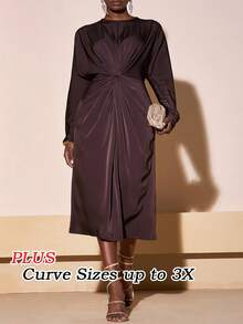 Veslaya Plus Size Spring/Autumn New Casual Elegant Commute Party Date Club Long Sleeve Twist Front Dress - Coffee Brown - View 8