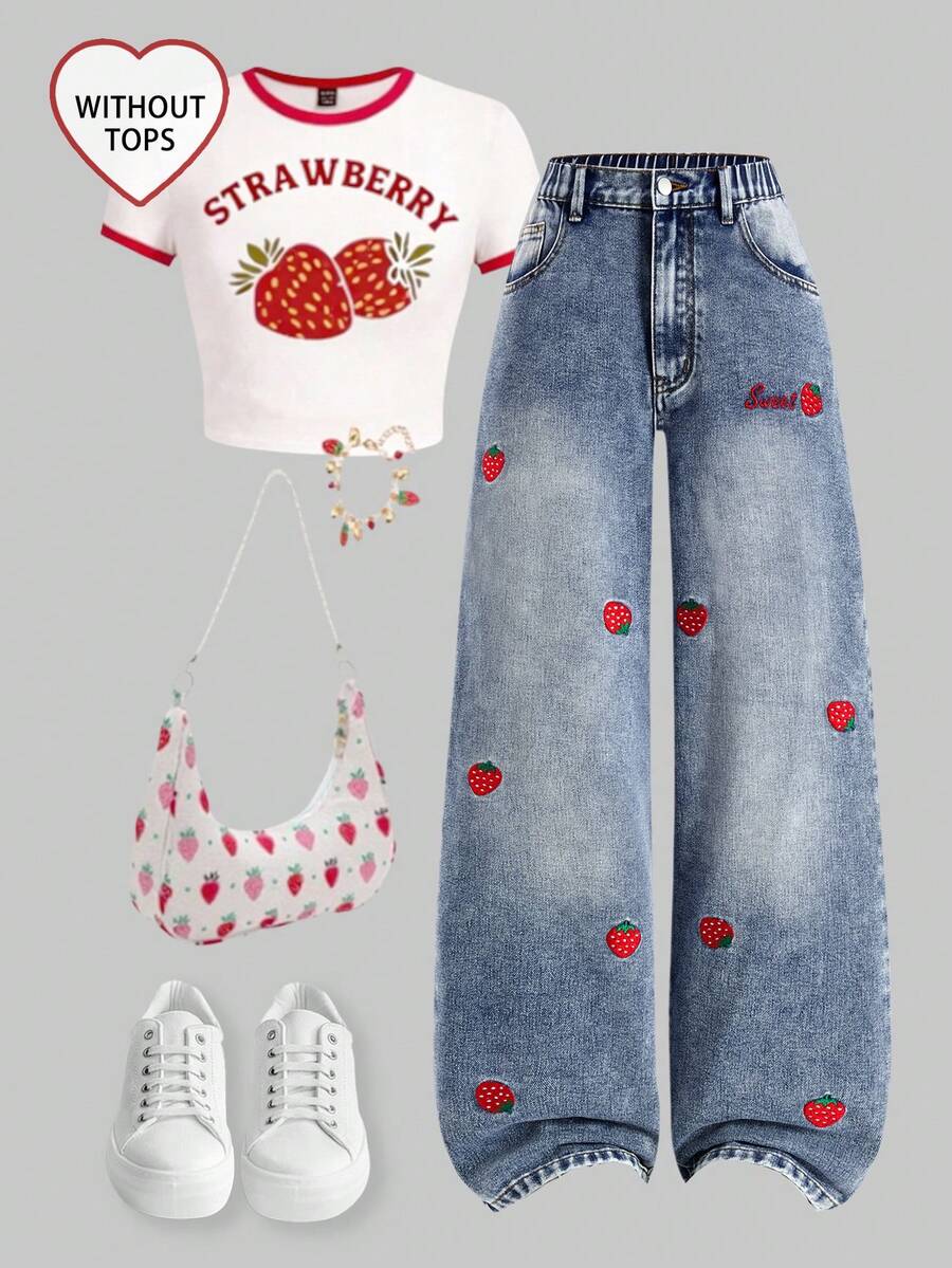 SHEIN ChillGRL Teen Girl Butterfly Embroidery Straight Leg Jeans Kawaii Summer - Medium Wash - View 1