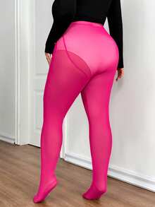 SHEIN CURVE+ Plus Size Women Solid Color Fashionable Sheer High Stretch Leggings Plus Size Leggings - Hot Pink - View 3