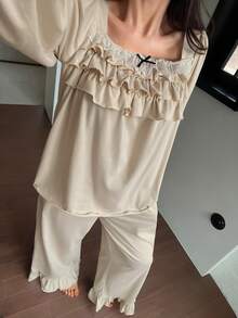 DAZY Ruffled Layered Women Pajama Set - Apricot - View 1