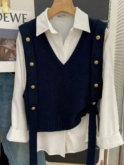 Resyla Women's V-Neck Button Decor Fashionable Versatile Vacation Travel Knitted Vest