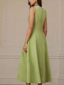Revavyn 女士时尚设计串珠领无袖收腰连衣裙 - 綠色 - 查看 4