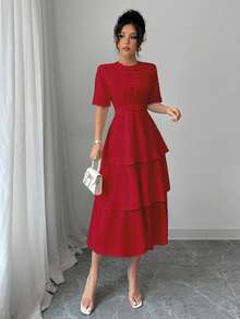 Elenzga 女士简约纯色蝴蝶装饰蛋糕裙 - 紅色 - 查看 6