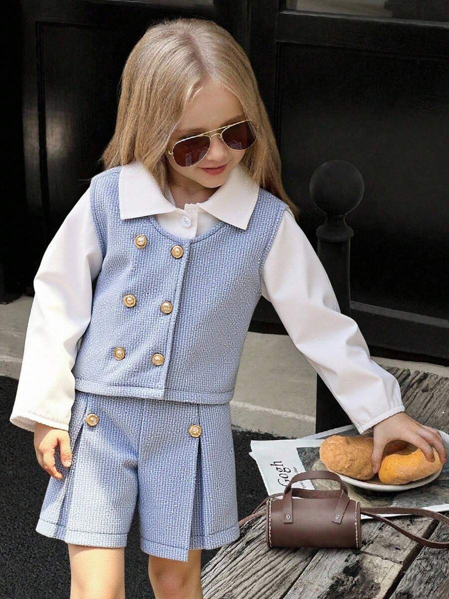 SHEIN Elladie kids 3件組少女長袖領口休閒襯衫、精緻珍珠鈕扣背心外套、短褲套裝，現代風格兒童套裝，春/秋季女童西裝套裝，女童商務西裝套裝，女童兩件式外套配裙子，女童藍白兩件式外套配短褲，女童春季西裝套裝，女童時尚套裝 - 藍色 - 查看 1