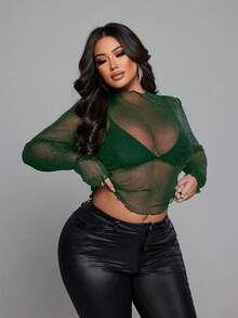 NU&NOW 大尺碼女款時尚性感透視網紗上衣 - 墨綠色 - 查看 4