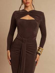 Silquee 秋冬季女士露胸扭腰修身长袖性感连衣裙 - 咖啡棕 - 查看 5