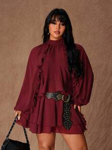 Rustia Vestido mini de manga larga con cintura ajustada y volantes en el bajo, talla grande, color marrón - Burdeos - Ver 1