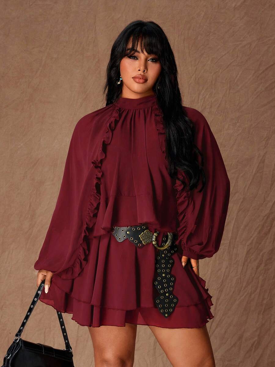 Rustia Vestido mini de manga larga con cintura ajustada y volantes en el bajo, talla grande, color marrón - Burdeos - Ver 1