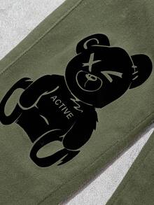 SHEIN Young Boys' Street Cool Bear And Letter Pattern High Elasticity Skinny Black Denim Overalls Jumpsuit ,Casual And Versatile For Young Boys Fall/Winter Clothes - Army Green - View 3