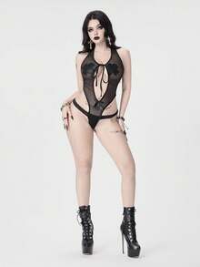 ROMWE Women's Gothic Mesh Lace-Up Crotchless Bodystocking - Black - View 6