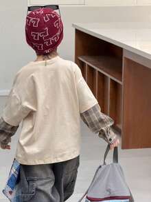 DAZY 幼儿男童宽松圆领T恤，格子袖字母印花，休闲秋季款 - 卡其色 - 查看 11