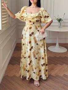 Flirla Yellow,Summer,Elegant,Wedding Guest French Retro Floral Ruched Bust Ruffle Hem Short Sleeve A-Line Dress,Waist Cinching Princess Outfit - Multicolor - View 5