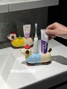 Joivida 创意可爱卡通动物彩色斑点戴帽腊肠犬情侣亲子家庭牙刷架，马桶洗漱台牙刷收纳架创意底座情人节礼物收纳架，可放置电动牙刷，美观大方的牙桥架，适合万圣节、圣诞节、情人节等节日赠送朋友。 - 彩色 - 查看 7