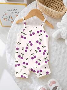 Cute White Cherry Pattern Baby Girl Casual Romper,Basic Summer Vacation Outfits,Korean Style Sleeveless Beach Rompers For Spring/Summer Outing Items - Multicolor - View 2