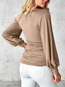 EMERY ROSE Khaki Deep V Puff Sleeve Ruched Fitted Long Sleeve Top - Khaki - View 2