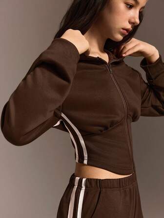 Dam- och tonårsflickor, kraftig 250 g stickad huvjacka med dragkedja, överdimensionerad boxig långärmad, avslappnad, rund hals, enfärgad, dragsko i midjan, kontrasterande kant, kort sweatshirtjacka, pendling och streetwear, vår/höst