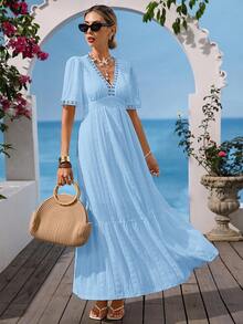 Vivid Eden Đầm nữ kiểu dáng thường ngày, cổ chữ V, màu trơn, phối ren, thích hợp cho kỳ nghỉ hè. - Màu xanh lam - Xem 4