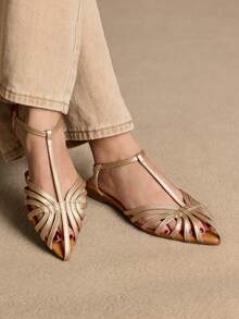 Rosivie Giày sandal La Mã dệt rỗng mới năm 2026, giày bệt nữ thời trang mũi kín một quai kiểu dáng casual đi biển. - Vàng nhạt - Xem 2